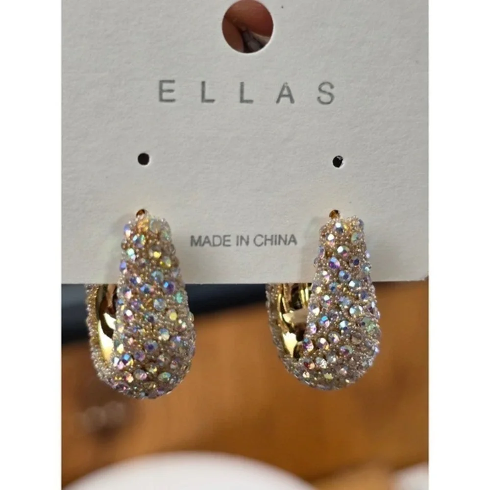 Ellas Chunky Hoop Earrings Gold Iridescent New AB Crystal Rhinestone Statement